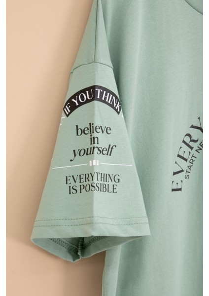 Yeşil Kolu Yazı Detaylı Bisiklet Yaka Erkek Çocuk Tişört 20901 modelleri