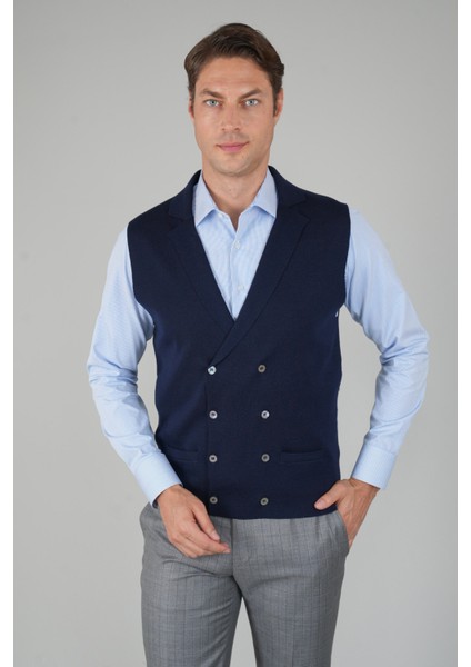 Lacivert Kruvaze Yün Erkek Yelek TRYL24K24202_D39