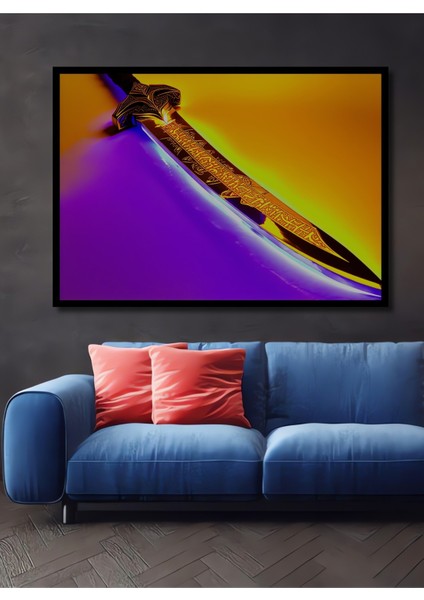Çerçeve Görünümlü Altın Işıltılı Kılıç Yağlı Boya Görünümlü Dekoratif Ahşap Işyeri/ofis Kare Tablo