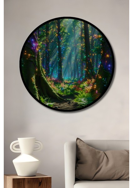 Çerçeve Görünümlü Büyülü Orman Parıltıları Yağlı Boya Görünümlü Dekoratif Ahşap Ofis Yuvarlak Tablo