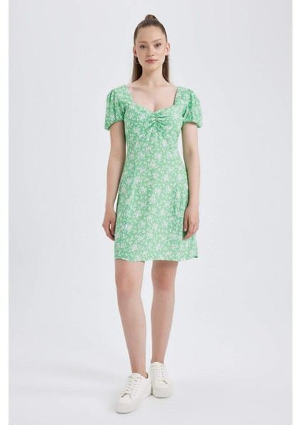 Coool Kalp Yaka Çiçekli Maroken Kısa Kollu Mini Elbise A9484AX23SM