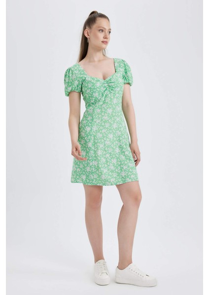 Coool Kalp Yaka Çiçekli Maroken Kısa Kollu Mini Elbise A9484AX23SM