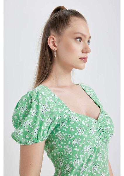 Coool Kalp Yaka Çiçekli Maroken Kısa Kollu Mini Elbise A9484AX23SM