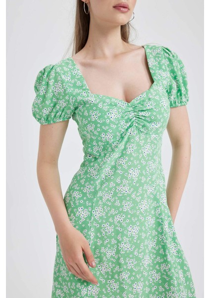 Coool Kalp Yaka Çiçekli Maroken Kısa Kollu Mini Elbise A9484AX23SM