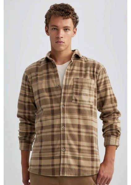 Regular Fit Kareli Cep Detaylı Polar Uzun Kollu Gömlek V2767AZ23WN