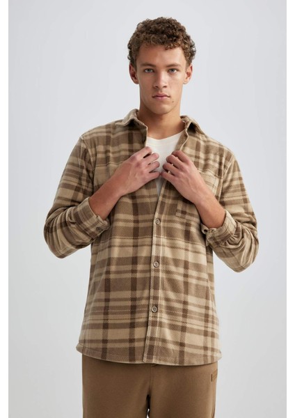 Regular Fit Kareli Cep Detaylı Polar Uzun Kollu Gömlek V2767AZ23WN