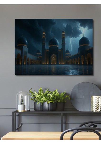 Şimşekli Gece Camii Yağlı Boya Görünümlü Dekoratif Ahşap Ev/işyeri/ofis Kare Tablo