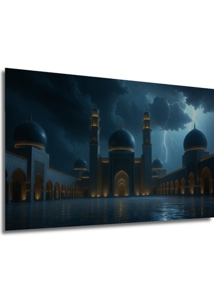 Şimşekli Gece Camii Yağlı Boya Görünümlü Dekoratif Ahşap Ev/işyeri/ofis Kare Tablo modelleri