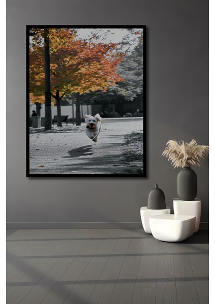 Çerçeve Görünümlü Sonbahar Neşesi Koşan Köpek Yağlı Boya Görünümlü Dekoratif Ahşap Ofis Kare Tablo