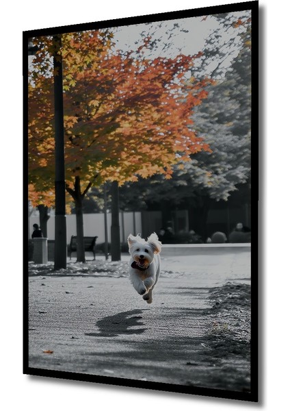 Çerçeve Görünümlü Sonbahar Neşesi Koşan Köpek Yağlı Boya Görünümlü Dekoratif Ahşap Ofis Kare Tablo fiyatları