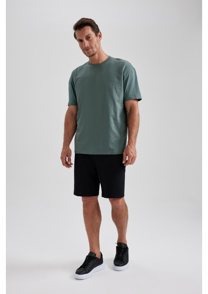 Erkek Yeşil Regular Fit Düz Kesim Bisiklet Yaka %100 Pamuk Kısa Kollu Tişört B0662AXNS