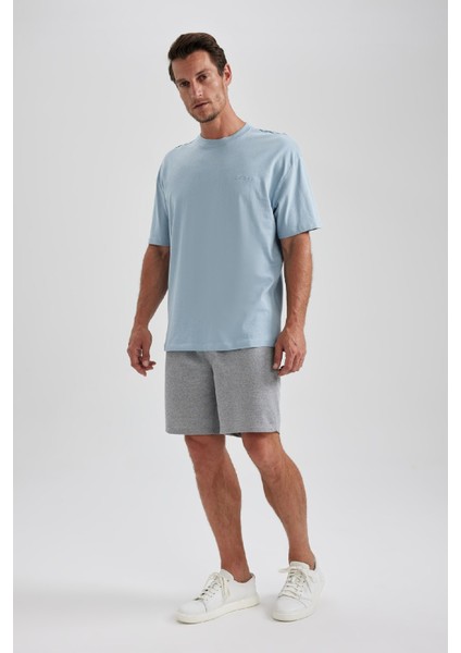 Erkek Mavi Regular Fit Düz Kesim Bisiklet Yaka %100 Pamuk Kısa Kollu Tişört B0662AXNS