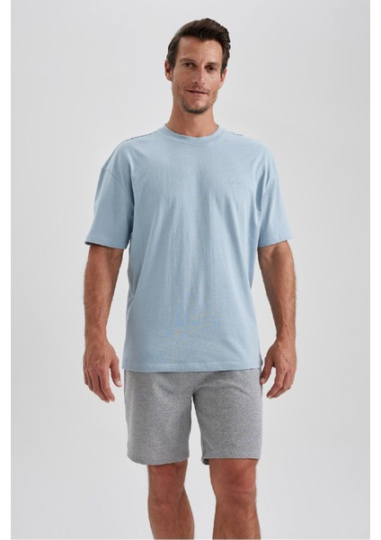 Erkek Mavi Regular Fit Düz Kesim Bisiklet Yaka %100 Pamuk Kısa Kollu Tişört B0662AXNS