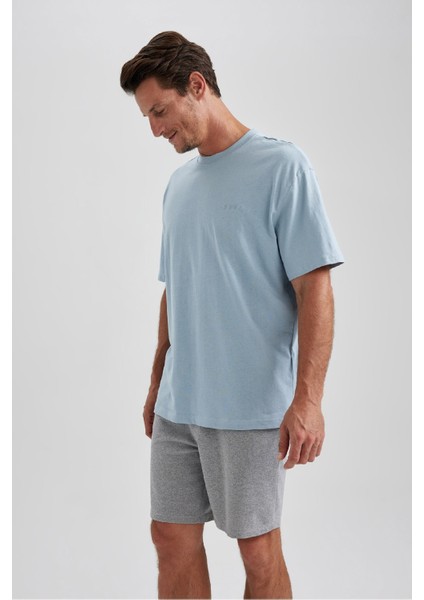 Erkek Mavi Regular Fit Düz Kesim Bisiklet Yaka %100 Pamuk Kısa Kollu Tişört B0662AXNS
