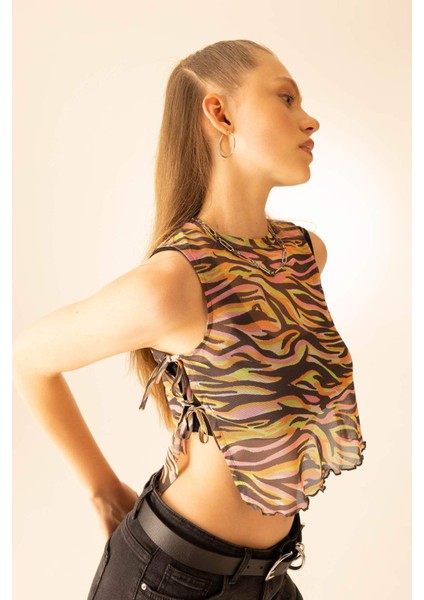 Coool Loose Fit Crop Desenli Tül Atlet B0241AX23HS