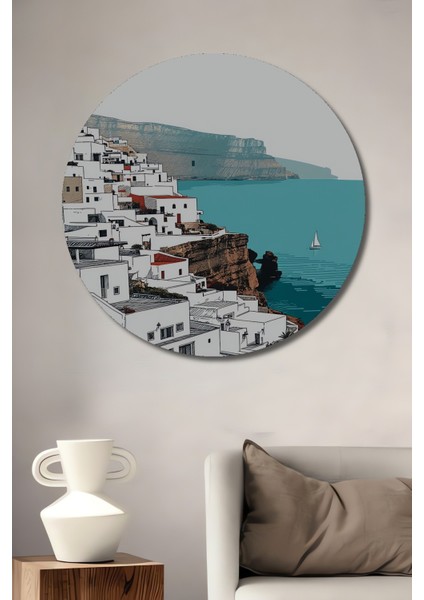 Beyaz Evler Deniz Manzarası Kara Kalem Görünümlü Dekoratif Ahşap Ev/işyeri/ofis Yuvarlak Tablo
