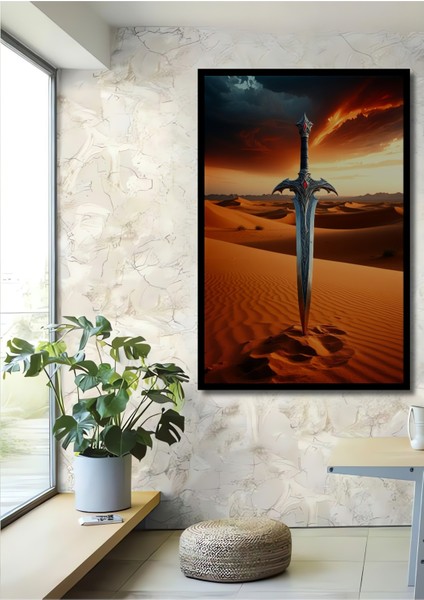 Çerçeve Görünümlü Çölün Kalbinde Epik Kılıç Yağlı Boya Görünümlü Dekoratif Ahşap Ofis Kare Tablo