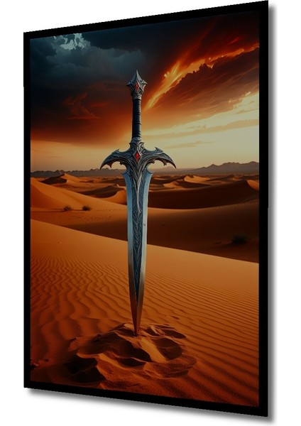 Çerçeve Görünümlü Çölün Kalbinde Epik Kılıç Yağlı Boya Görünümlü Dekoratif Ahşap Ofis Kare Tablo fiyatları