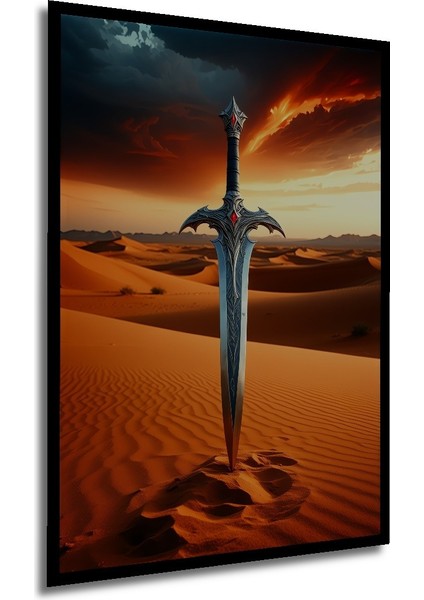 Çerçeve Görünümlü Çölün Kalbinde Epik Kılıç Yağlı Boya Görünümlü Dekoratif Ahşap Ofis Kare Tablo modelleri