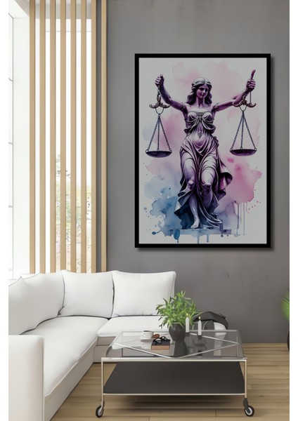 Çerçeve Görünümlü Adalet Tanrıçası Terazisi Sulu Boya Görünümlü Dekoratif Ahşap Ofis Kare Tablo