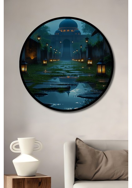 Çerçeve Görünümlü Yağmur Altında Cami Sulu Boya Görünümlü Dekoratif Ahşap Ofis Yuvarlak Tablo