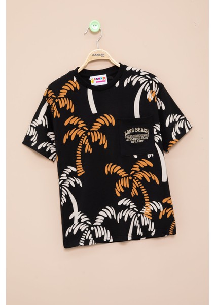 Siyah Palmiye Desenli Yazılı Cepli Erkek Çocuk Bisiklet Yaka Tişört 20931