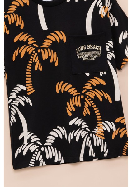 Siyah Palmiye Desenli Yazılı Cepli Erkek Çocuk Bisiklet Yaka Tişört 20931 fiyatları