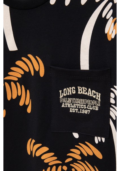 Siyah Palmiye Desenli Yazılı Cepli Erkek Çocuk Bisiklet Yaka Tişört 20931 modelleri