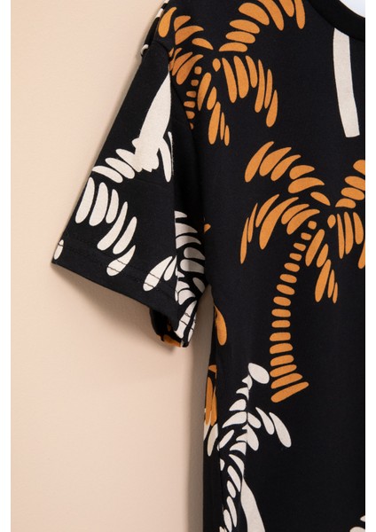 Siyah Palmiye Desenli Yazılı Cepli Erkek Çocuk Bisiklet Yaka Tişört 20931 fırsatları