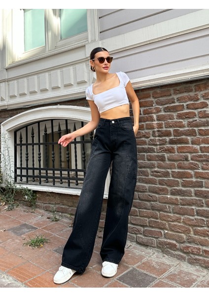 Y2K Yandan Cep Ön Yan Cep Detay Bol Paça Siyah Kimyasallı