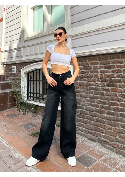 Y2K Yandan Cep Ön Yan Cep Detay Bol Paça Siyah Kimyasallı modelleri