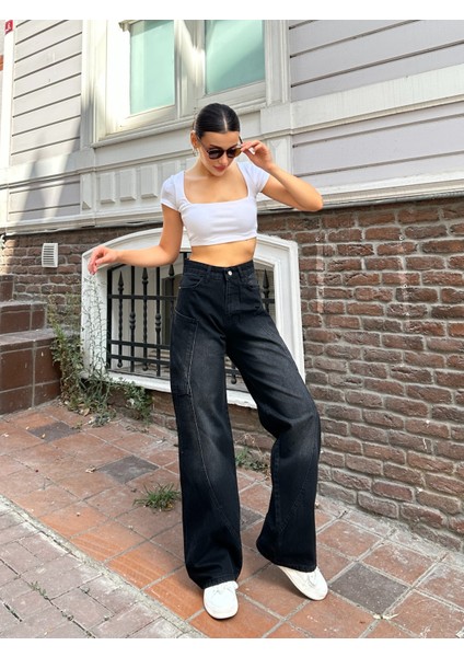 Y2K Yandan Cep Ön Yan Cep Detay Bol Paça Siyah Kimyasallı fırsatları