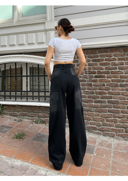 Y2K Yandan Cep Ön Yan Cep Detay Bol Paça Siyah Kimyasallı indirimleri