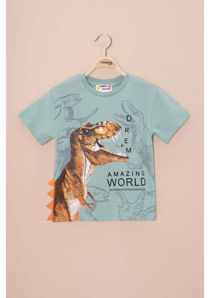 Yeşil Dinozor Baskılı Bisiklet Yaka Erkek Bebek Tişört 20949