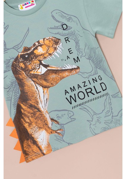 Yeşil Dinozor Baskılı Bisiklet Yaka Erkek Bebek Tişört 20949 fiyatları
