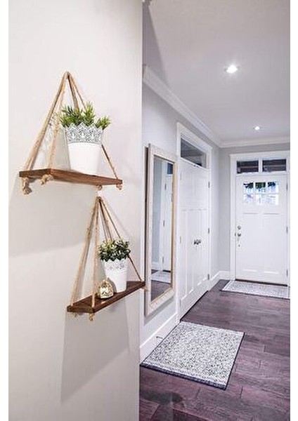 2 Li Dekoratif Ahşap Halatlı Duvar Rafı Kitaplık & Çiçeklik Uçan Raf