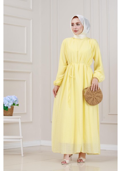 Beli Bağcıklı Pera Elbise-Sarı