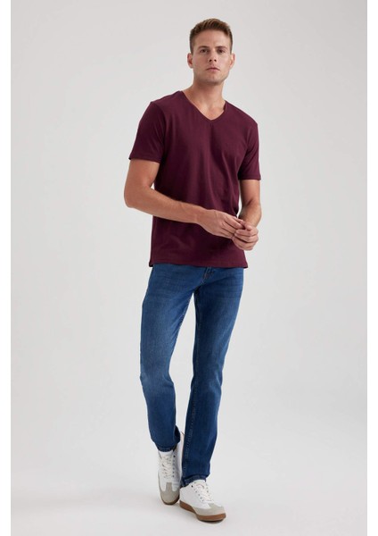 %100 Pamuk Slim Fit Dar Kesim V Yaka Kısa Kollu Tişört B0646AXNS