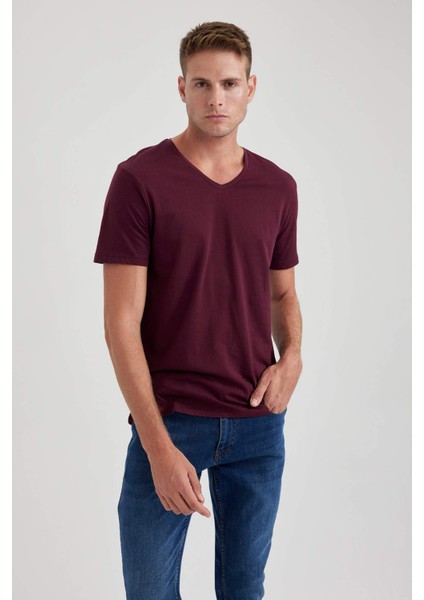 %100 Pamuk Slim Fit Dar Kesim V Yaka Kısa Kollu Tişört B0646AXNS