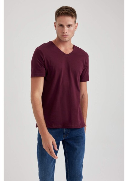 %100 Pamuk Slim Fit Dar Kesim V Yaka Kısa Kollu Tişört B0646AXNS