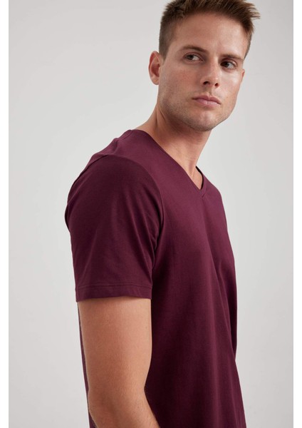 %100 Pamuk Slim Fit Dar Kesim V Yaka Kısa Kollu Tişört B0646AXNS