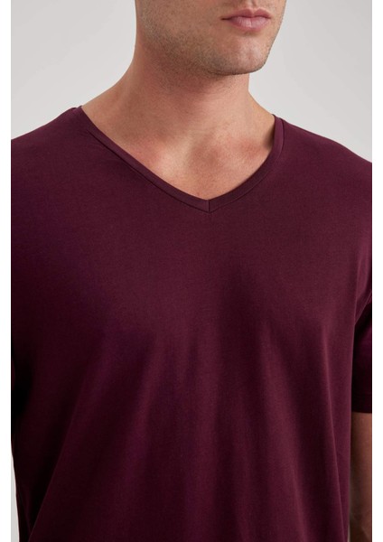 %100 Pamuk Slim Fit Dar Kesim V Yaka Kısa Kollu Tişört B0646AXNS