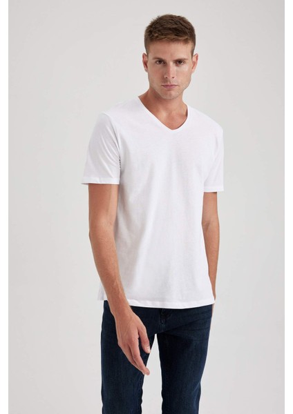 %100 Pamuk Slim Fit Dar Kesim V Yaka Kısa Kollu Tişört B0646AXNS