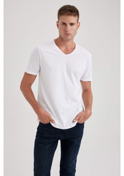 %100 Pamuk Slim Fit Dar Kesim V Yaka Kısa Kollu Tişört B0646AXNS