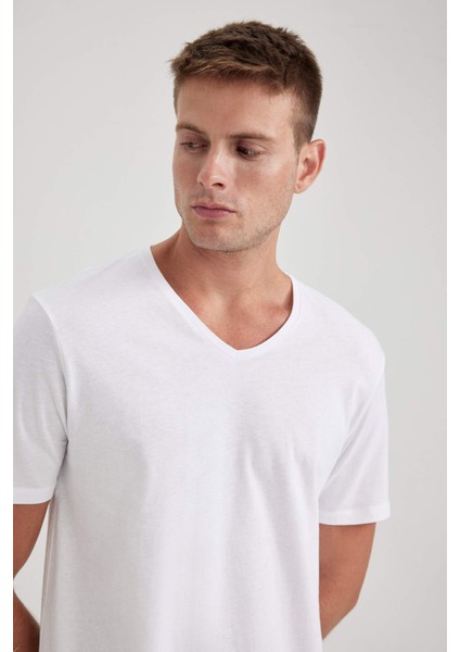 %100 Pamuk Slim Fit Dar Kesim V Yaka Kısa Kollu Tişört B0646AXNS