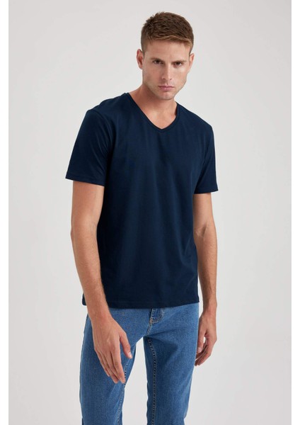 %100 Pamuk Slim Fit Dar Kesim V Yaka Kısa Kollu Tişört B0646AXNS
