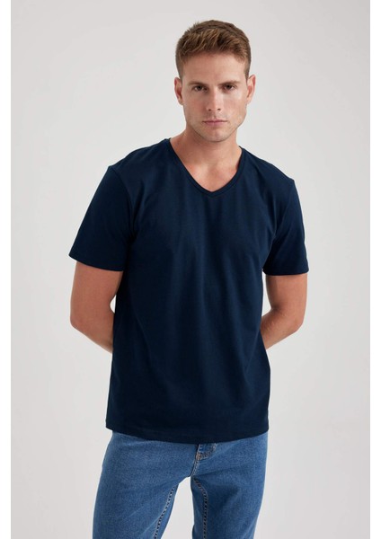 %100 Pamuk Slim Fit Dar Kesim V Yaka Kısa Kollu Tişört B0646AXNS