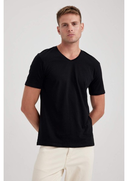 %100 Pamuk Slim Fit Dar Kesim V Yaka Kısa Kollu Tişört B0646AXNS