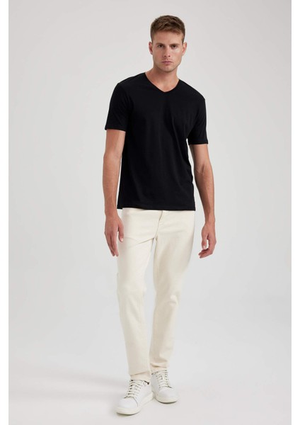 %100 Pamuk Slim Fit Dar Kesim V Yaka Kısa Kollu Tişört B0646AXNS