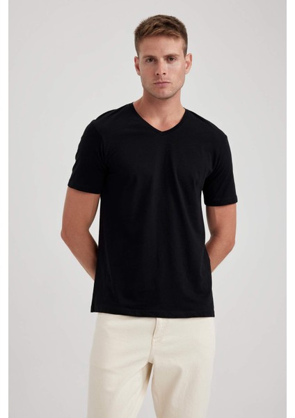 %100 Pamuk Slim Fit Dar Kesim V Yaka Kısa Kollu Tişört B0646AXNS